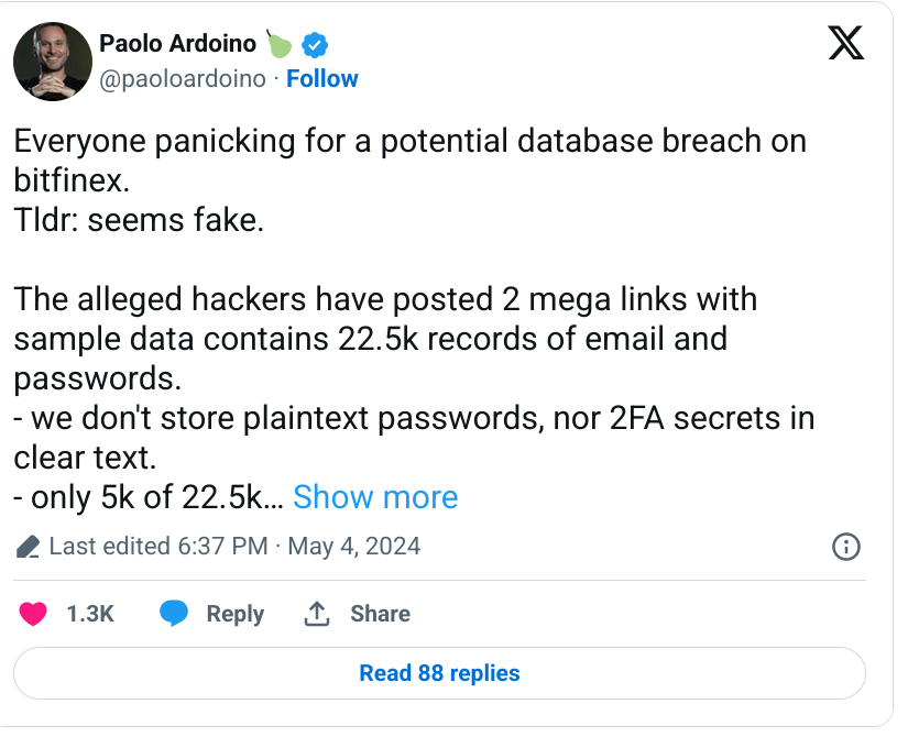Paolo Ardoino (Bitfinex CTO) has denied rumors of data breach