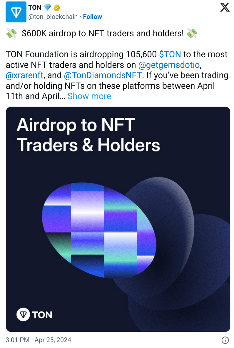The TON team will give out $600,000 to the NFT traders and holders post image