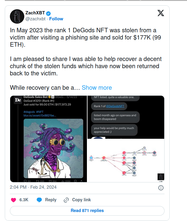 ZachXBT восстанавливает украденные фонды NFT DeGods