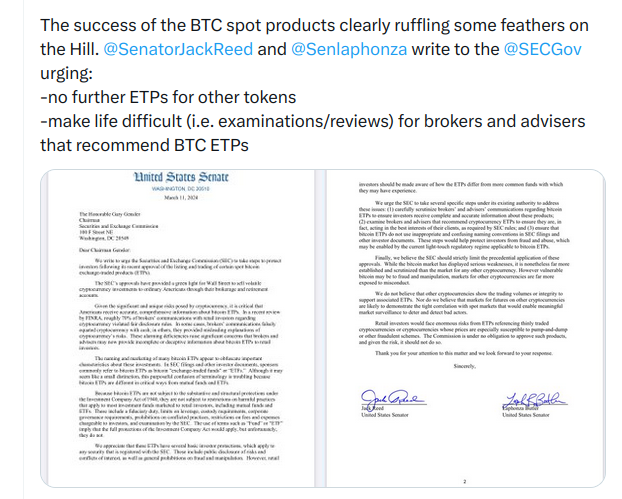 Senators pressure SEC’s Gensler not to approve any more crypto ETFs