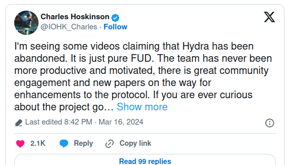 Cardano founder dismisses FUD around Hydra scaling development negligence