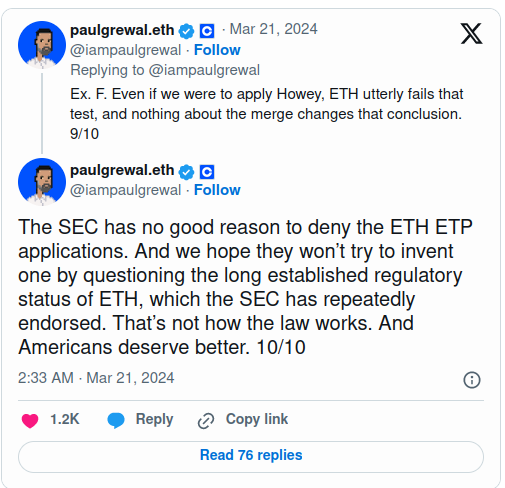 SEC lacks grounds against ETH and valid reasons to reject Ethereum Spot ETF: Coinbase CLO
