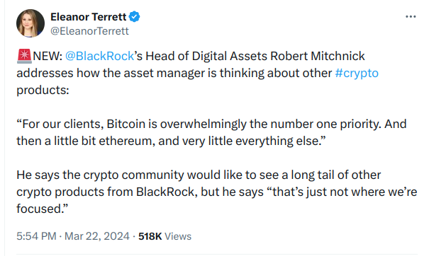 BlackRock - биткоин в приоритете для нас, потом уже эфир и немного другой крипты