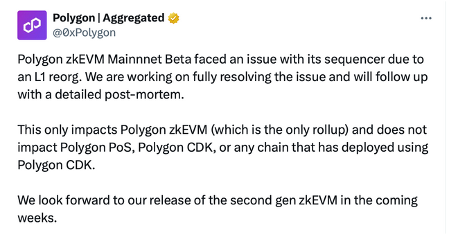 Polygon zkEVM down due to issues with blockchain sequencer