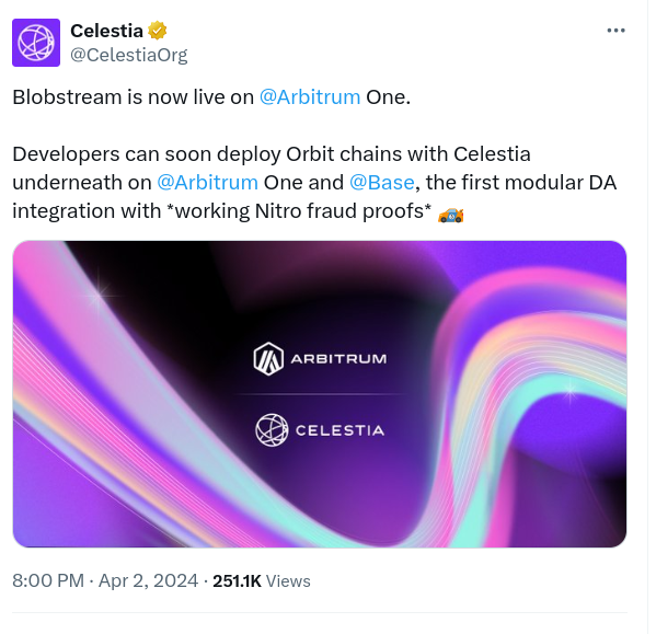 Celestia представила Blobstream, революционное решение, которое преобразует цепочки Orbit в экосистеме Arbitrum
