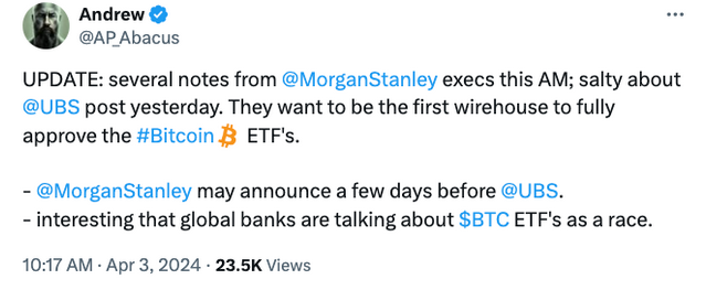 根据加密货币内部人士Andrew AP Abacus的说法，Morgan Stanley和UBS都将在下周将比特币ETF添加到其平台上。