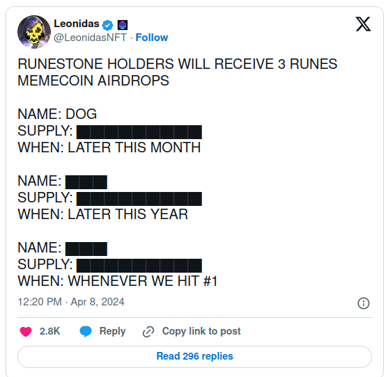 Meme Coin "Dog" получат все держатели коллекции Runestone