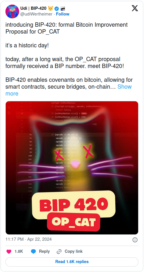 比特币盟约即将到来 -  op_cat被正式引入为BIP-420