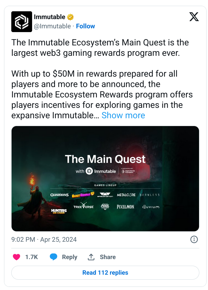 Immutable Announces Rewards Program to Incentivize Web3 Gamers ($50M rewards)