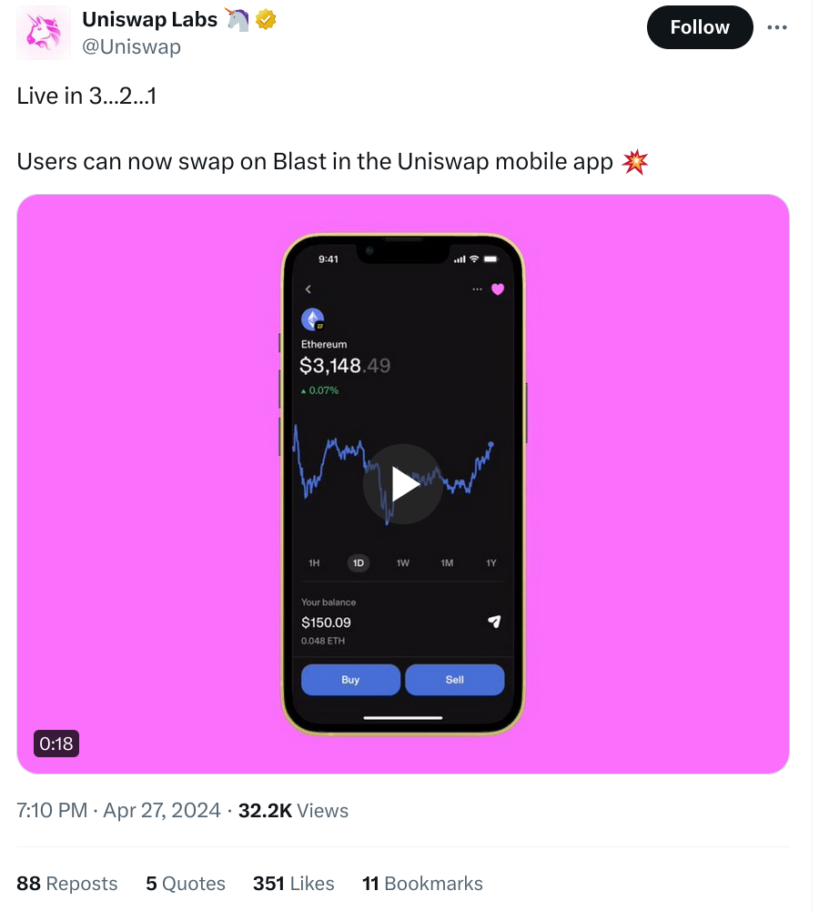 Uniswap запускает мобильное приложение с интеграцией Blast L2