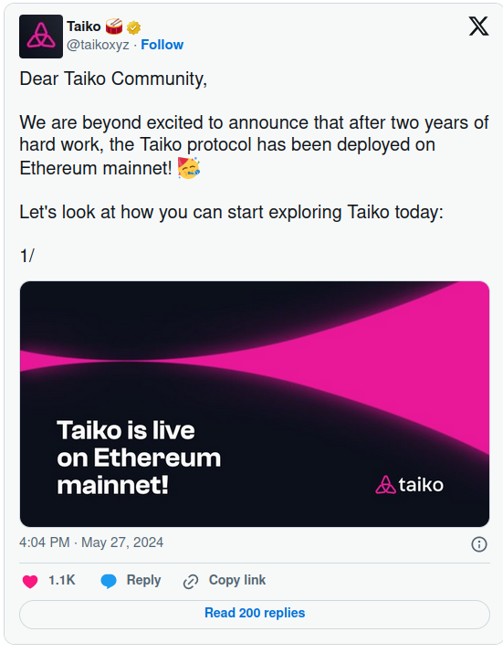 ZK-EVM Taiko Has Been Officially Launched on the Ethereum Mainnet