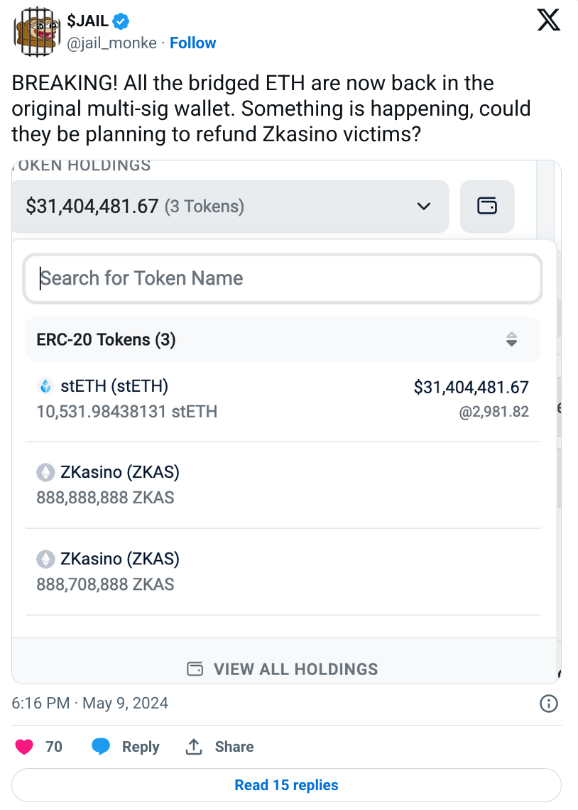 创始人被捕后，ZKasino的3100万美元ETH返回了Team Wallet