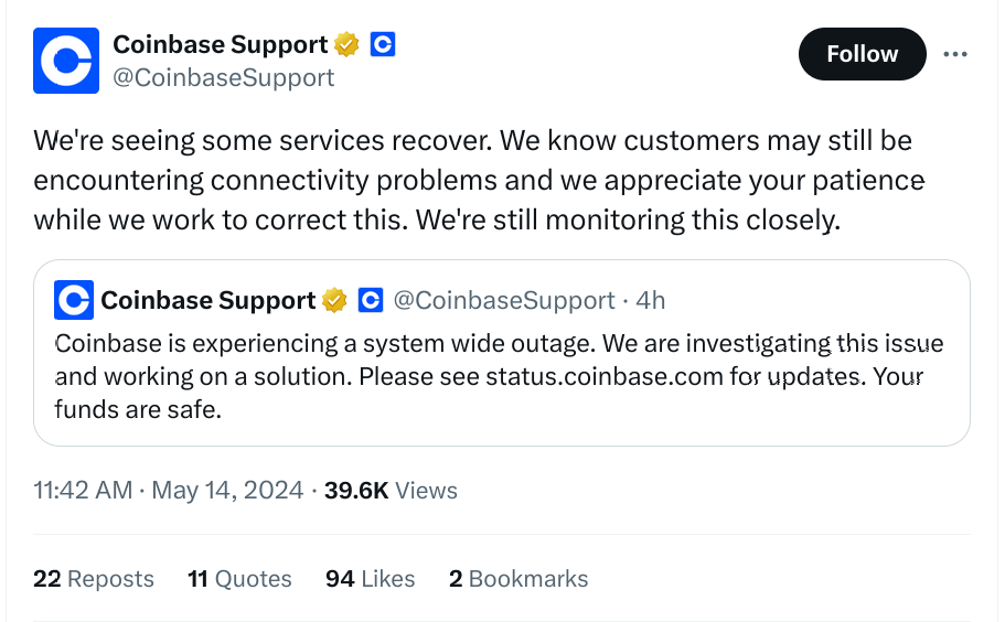 Coinbase recovers services following two-hour system wide outage