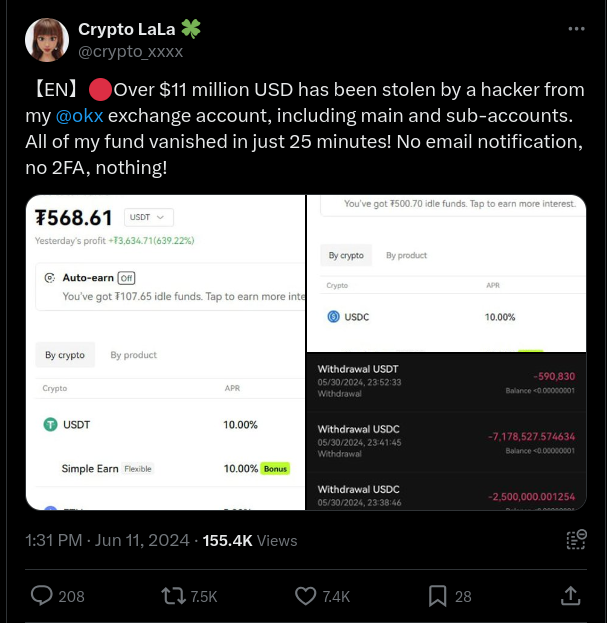 Over $11 million has been stolen by a hacker from OKX user account; UwU Lend hit by another $3.7 million hack