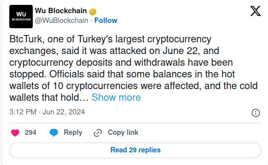 BtcTurk взломан, цена AVAX рухнула после продажи украденных токенов, а Binance заморозил и вернет $5 млн из украденных средств BtcTurk