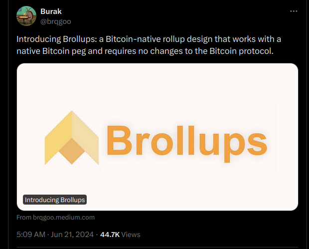 比特币闪电网络开发者 Burak 展示了 BTC 上原生 Rollup 的设计，称为 Brollups