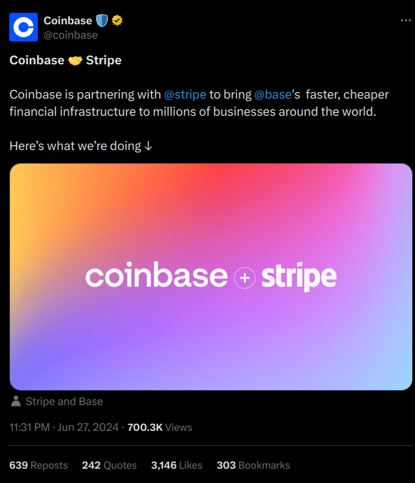 Coinbase заключает партнерство со Stripe, чтобы позволить платежи в USDC на сети Base