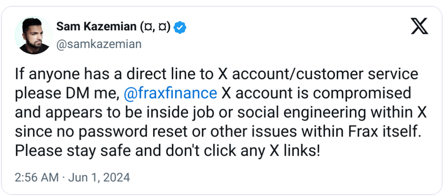 Frax Finance X account hacked, CEO suspects ‘inside job’ at Elon Musk’s office