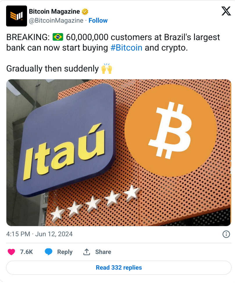 Brazil's Largest Bank Itaú Opens Bitcoin and Crypto Trading to All Users