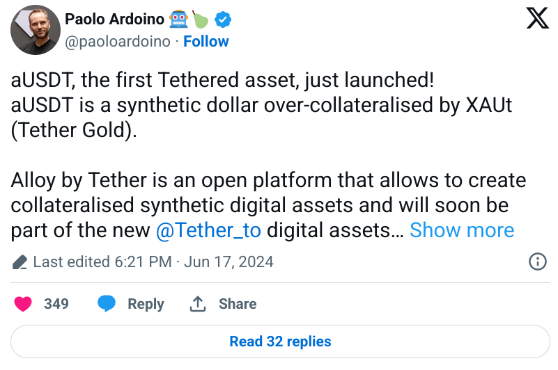 Tether запускает aUSDT как первый синтетический актив