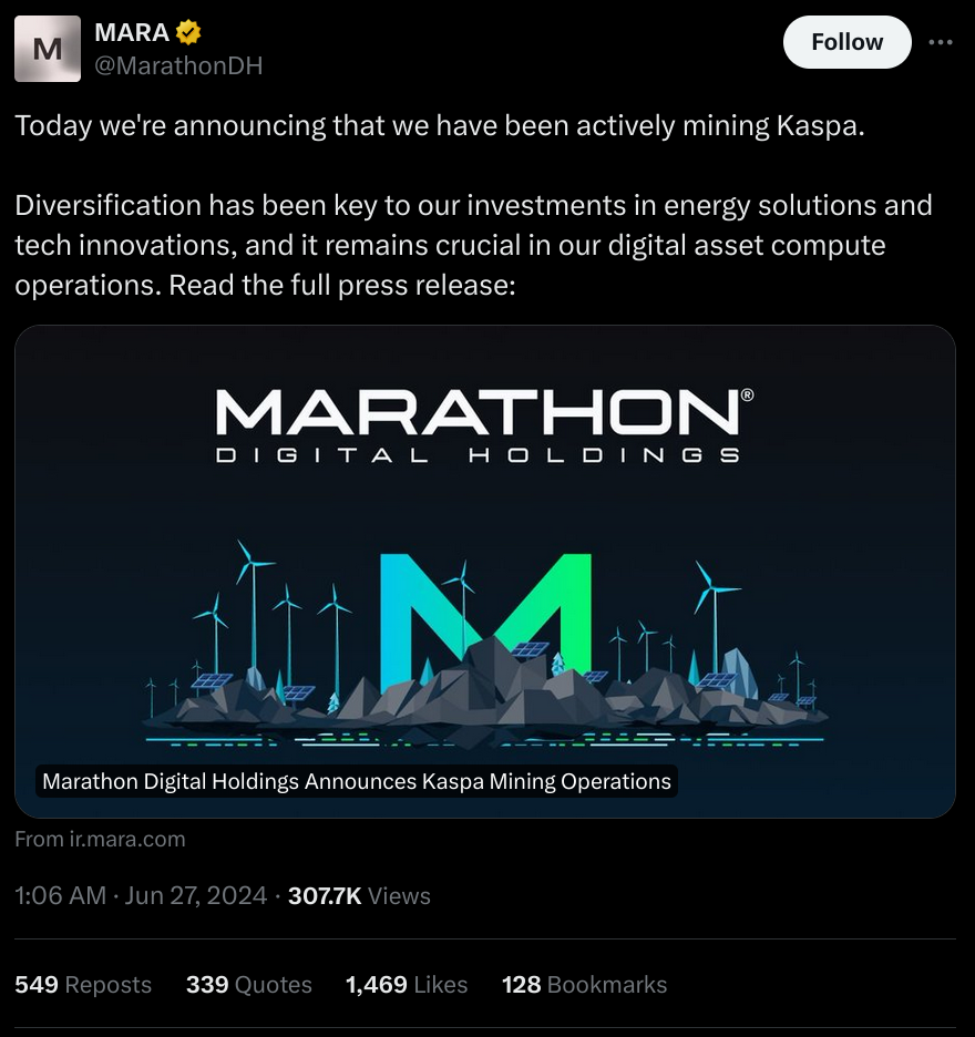 Marathon Digital mines $16M in Kaspa to diversify from Bitcoin