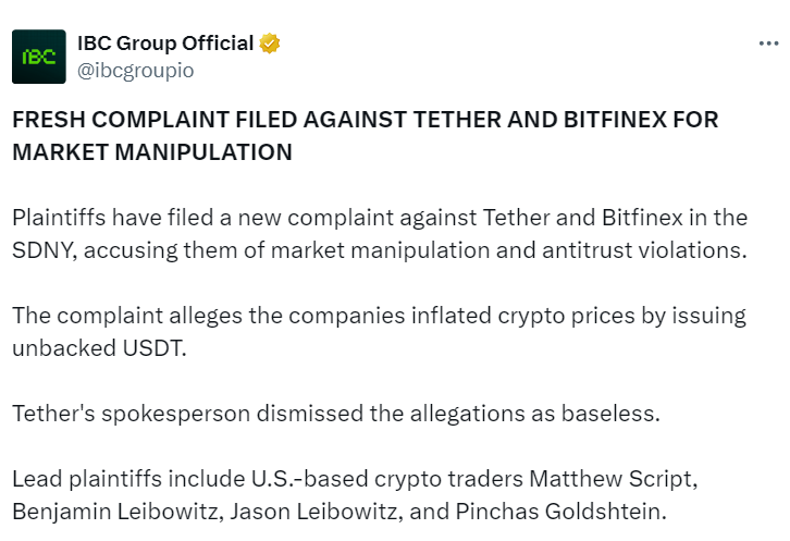 Истцы обвиняют Tether и Bitfinix в манипулировании крипторынком