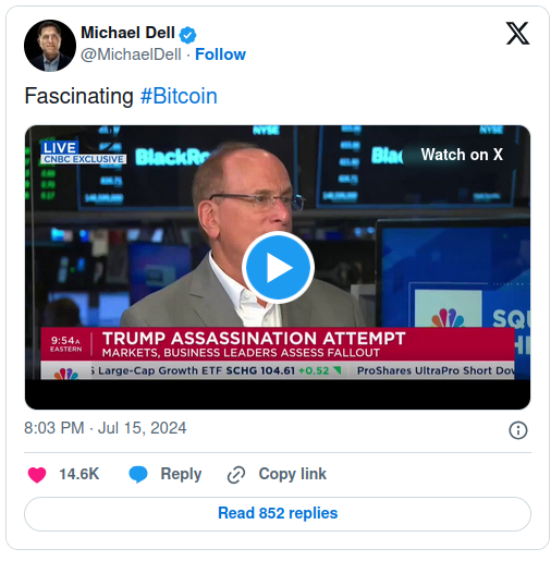 迈克尔·戴尔（Michael Dell）欢呼拉里·芬克（Larry Fink）对比特币作为主要资产的评论