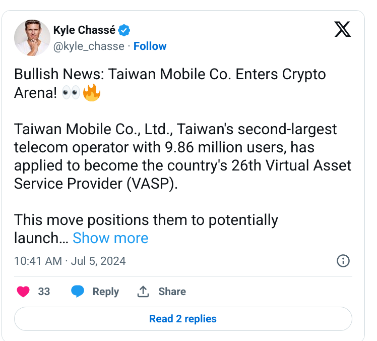 Taiwan Mobile Ventures в Crypto: обеспечивает лицензию VASP для запуска обмена криптовалют