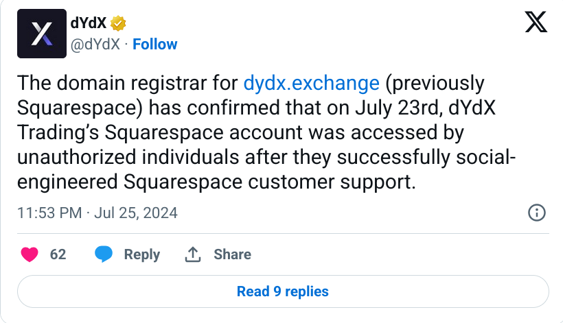 dYdX Exchange Releases Postmortem on $31K Squarespace Account Hack