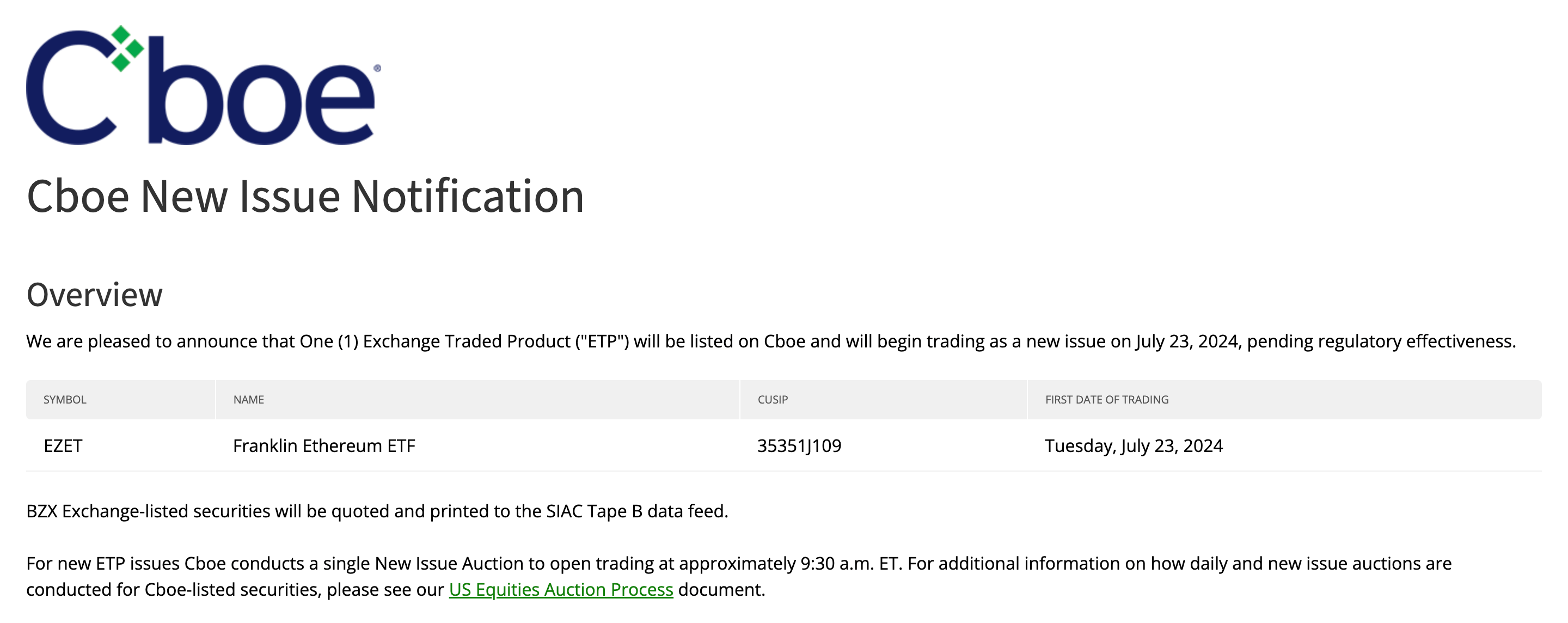 The Chicago Board Options Exchange has confirmed that five spot Ethereum ETF will begin trading on July 23