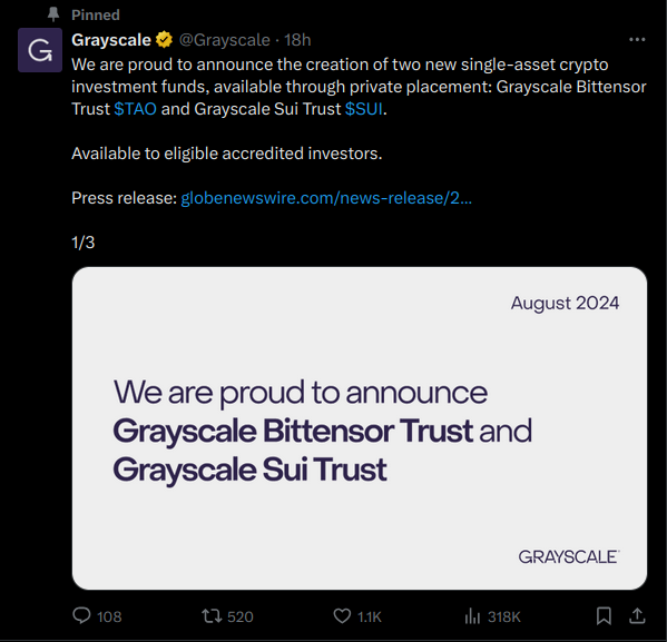 GrayscaleInvestments推出了两个新产品：Grayscale Bittensor Trust和Grayscale SUI Trust