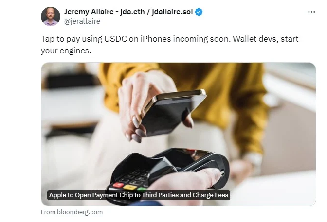 Circle will soon enable NFC contactless payments for USDC on iPhones, says CEO