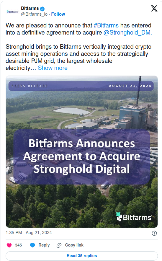 Bitfarms объявила о приобретении конкурирующей майнинг фирмы Stronghold Digital Mining в рамках сделки на сумму $175 миллионов