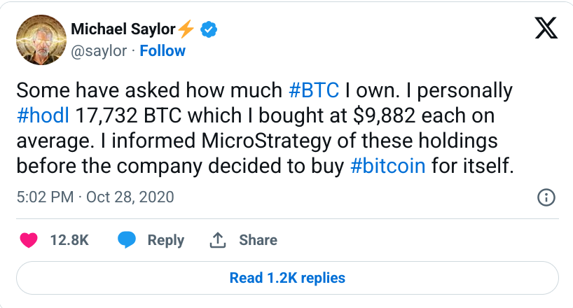 Michael Saylor says he personally holds $1 billion in Bitcoin