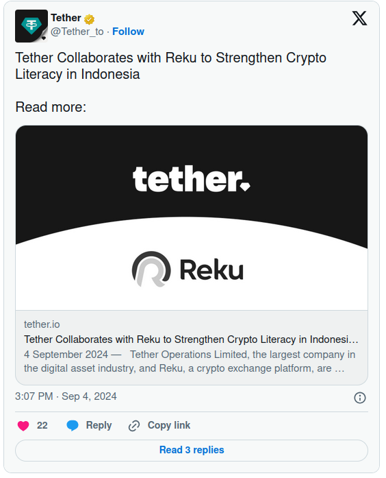 Tether Operations Limited объявила о стратегическом партнерстве с индонезийской криптовалютной биржей Reku для развития крипто грамотности в Индонезии