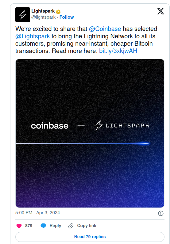 Крупная криптовалютная биржа Coinbase близка к интеграции Lightning на своей платформе через новое партнерство с Lightspark post image