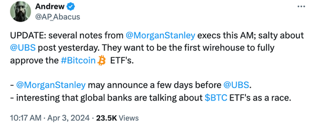 По словам инсайдера Эндрю А.П. Абакуса, Morgan Stanley надеется опередить UBS и добавить BTC-ETF на свою платформу на следующей неделе post image