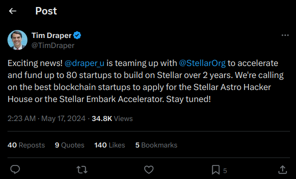 Tim Draper Champions Blockchain Startups: Announces Major Partnership With Stellar post image