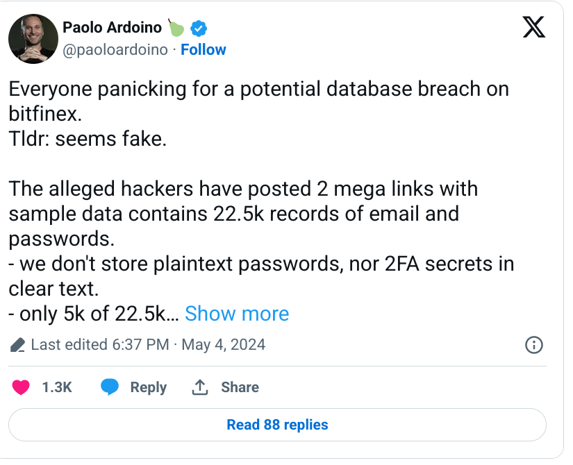 Paolo Ardoino（Bitfinex CTO）否认了有关数据泄露的谣言 post image