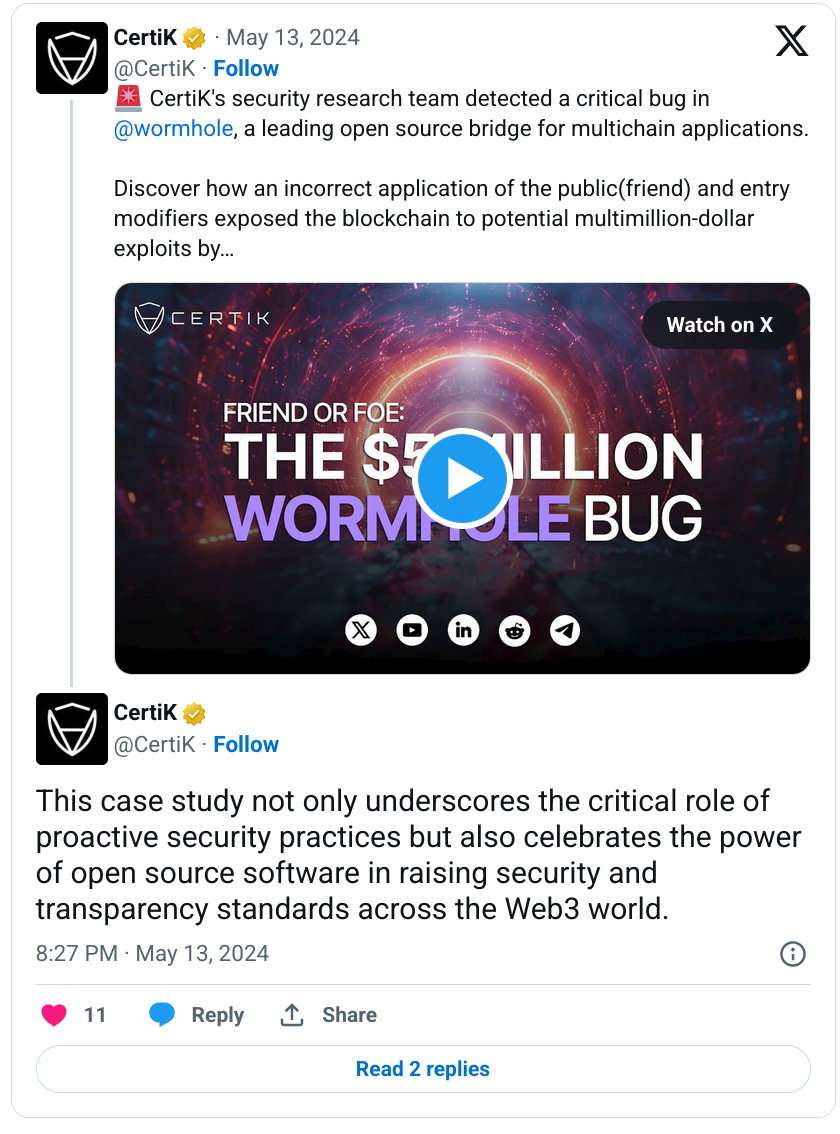 Компания CertiK обнаружила и предотвратила уязвимость в кроссчейн мосте Wormhole, которая могла привести к убыткам на сумму до $5 млн. post image