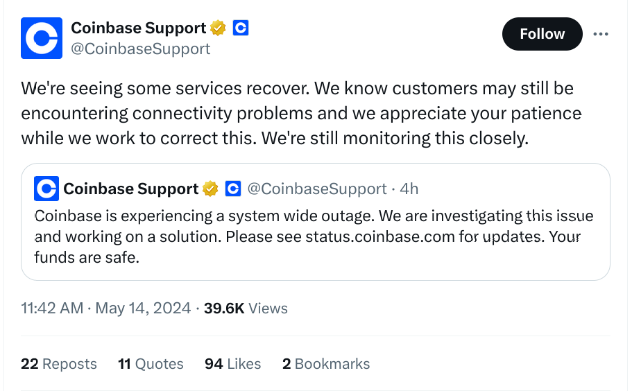 Coinbase снова доступна после двухчасового обширного перерыва post image