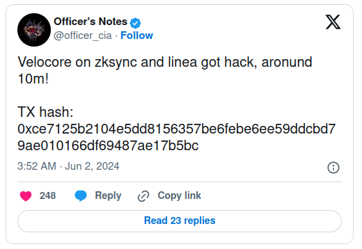 Крупная утечка безопасности произошла на децентрализованной бирже (DEX) Velocore, которая работает на zkSync и Linea пулы ликвидности теряют $10 млн. post image