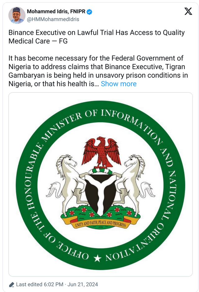 Nigeria Unveils New Rules and Compliance Program for Digital Assets; Nigeria rejects claims of Binance exec's poor health in custody post image