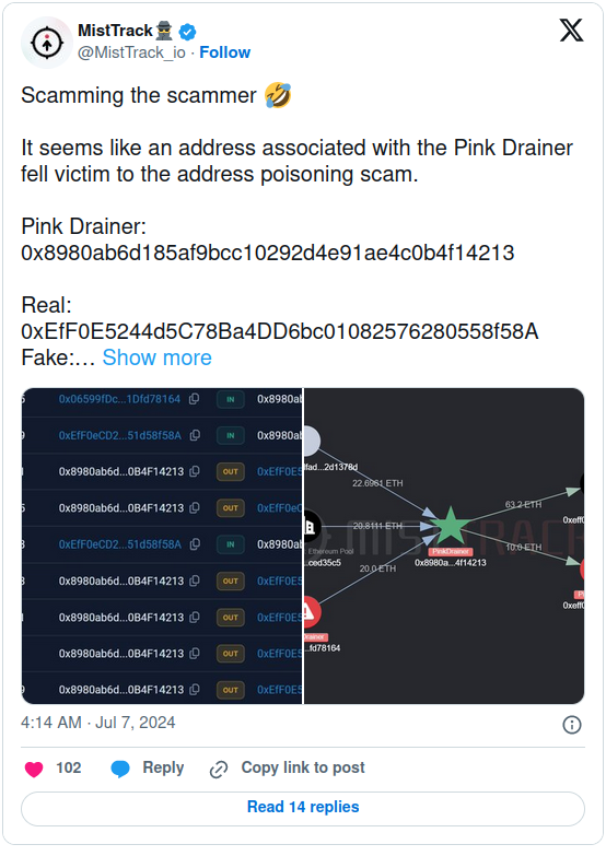 Pink Drainer Lost $30K to Address Poisoning post image