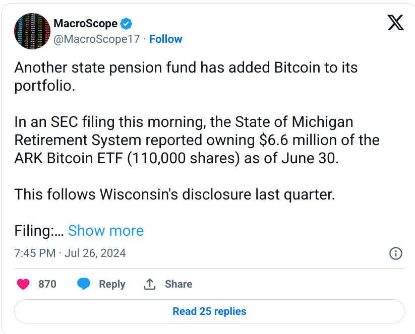 Мичиган добавляет $6.6 млн. в BTC ETF в пенсионный фонд post image