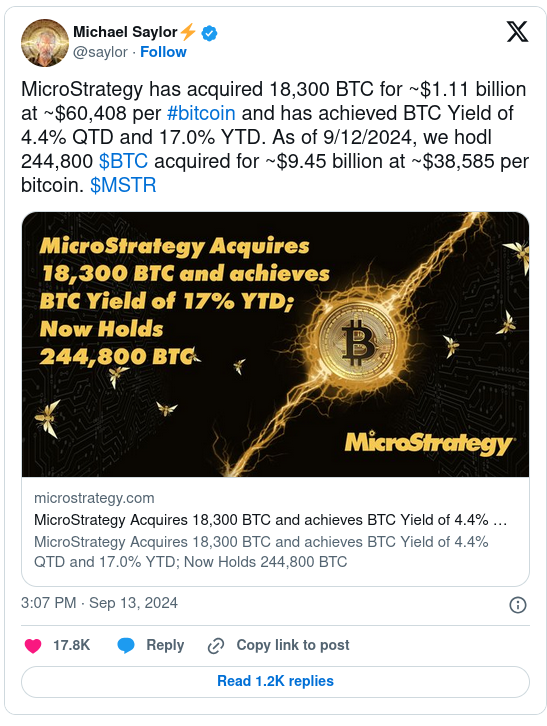 MicroStrategy приобрела BTC на сумму 1,1 млрд. post image