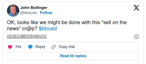Легендарный BTC-трейдер Джон Боллинджер выступил с оптимистичным заявлением о биткойнах post image