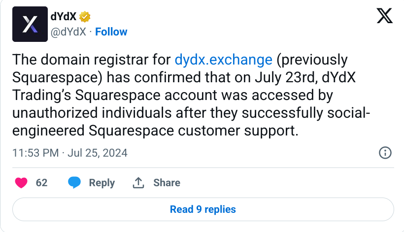 dYdX Exchange Releases Postmortem on $31K Squarespace Account Hack post image