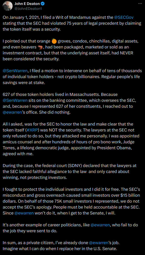 According to a prominent pro-crypto attorney and Senate candidate John Deaton, the Securities and Exchange Commission’s (SEC) excessive intervention in the cryptocurrency industry has resulted in retail investors losing over $15 billion post image